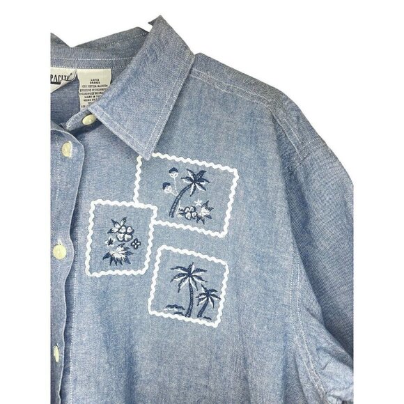 Vintage Capacity Floral Palm Trees Embroidered Peasant Denim Jean Shirt Size L - Picture 3 of 5